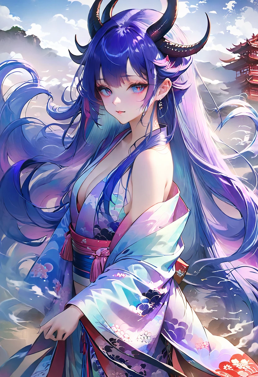 ((  Theme: Demon Realm))))、woman、Beauty、Alluring、high resolution、High quality Blue and purple hair Long hair、 With a long, narrow face、Fair skin、Gorgeous kimono