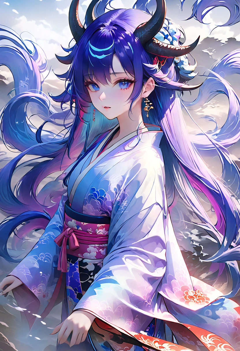 (( Theme: Demon Realm))))、woman、Beauty、Alluring、high resolution、High quality Blue and purple hair Long hair、 With a long, narrow face、Fair skin、Gorgeous kimono