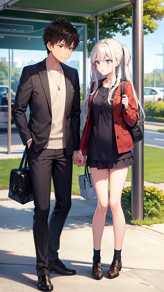 Beautiful girl meets a boy at the bus stop