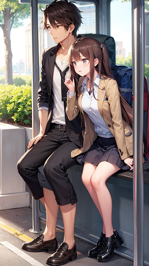 {{Male and female couples}}、Stairs in the house、sitting on stairs、Girl in white blouse and tight skirt、Man's cold gaze、Boys' School Uniform、Put your hands around your waist