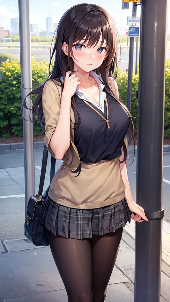 Beautiful girl meets a boy at the bus stop