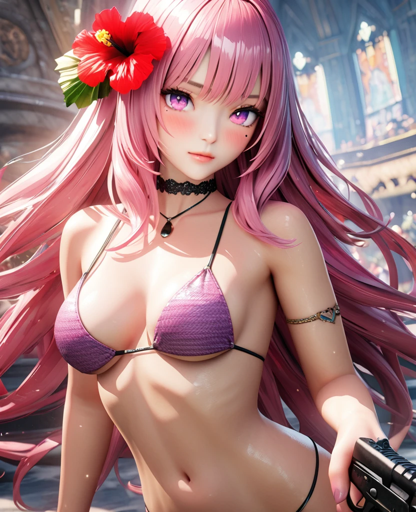 masterpiece,highest quality, Very detailed, High resolution, expensive resolution, High resolution, 4K, 8k, unity 8k wallpaper, Very detailed CG, masterpiece, 2D, 3D, Beautiful details, depth, Fine texture , highest quality: 1.3, Fully focused, Crispy.skin, .he,
Very cute anime girl 、bikini、Large Breasts、Pink medium-long hair wearing expensive , Two Girls、Holding a gun, Mole under the eye, looking at the viewer , expensive , blush, Mole, Lips parted, Hibiscus Hair Accessories, heart, Pink Eyes, choker