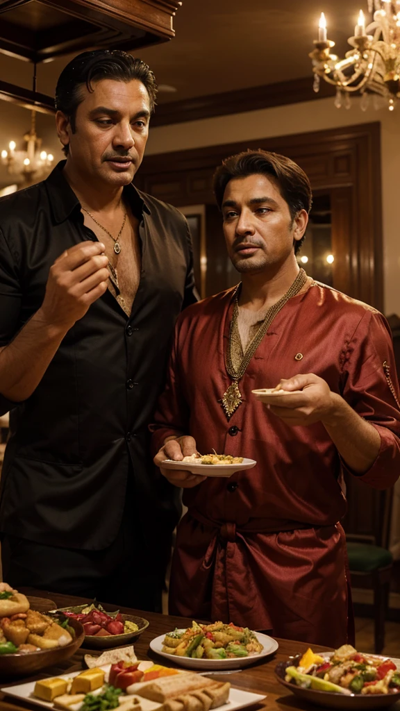 The middle-aged man dismissing the young man's story, confidently talking about a grand royal feast with lavish and delicious food."