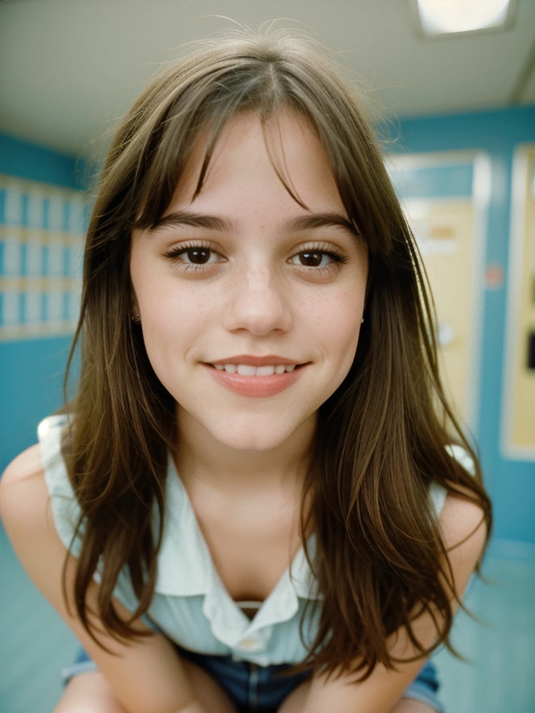close-up portrait photo, (shot on Portra 400). Elegant Minimalistic Photography, 1990s, 19-year-old girl in high school in the 90s. She wears high-waisted jeans with a classic cut and a sleeveless blouse with vibrant colors or prints typical of the decade. The setting is a school corridor with lockers, band posters and event posters. Your expression is friendly and confident. Inspirations: "Clueless", "Buffy the Vampire Slayer".