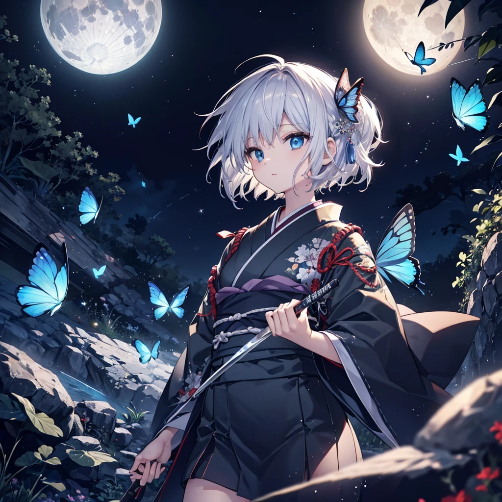 (((1 person)))　((High resolution　Gray Hair　short hair　Black kimono　Shoulder))　((Black Band　military commander　Lonely　despair　blue eyes))　((Blue Butterfly　night　Japanese style　old　Shining Aura　garden　water surface))　(dance　日本knife　knife　Slashing)　moon　star　Draw your sword　Slashing　Catch the wind　