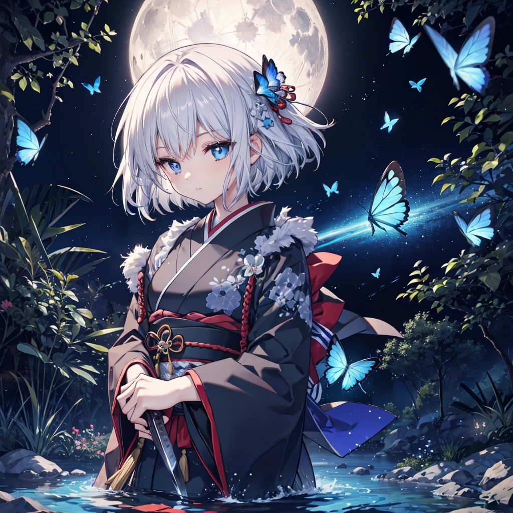 (((1 person))) ((High resolution Gray Hair short hair Black kimono Shoulder)) ((Black Band military commander Lonely despair blue eyes)) ((Blue Butterfly night Japanese style old Shining Aura garden water surface)) (dance 日本knife knife Slashing) moon star Draw your sword Slashing Catch the wind