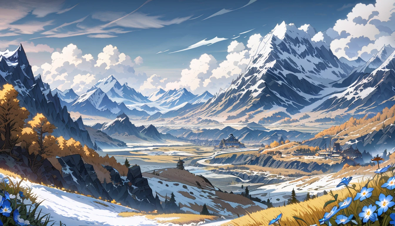 anime aestetics, thundra valley, yellow grass, blue mountain flowers, mountains on the backgrouns, little thundra trees, snow at some places, sku covered in bright grey clouds, northern landscape, fantasy landscape, 