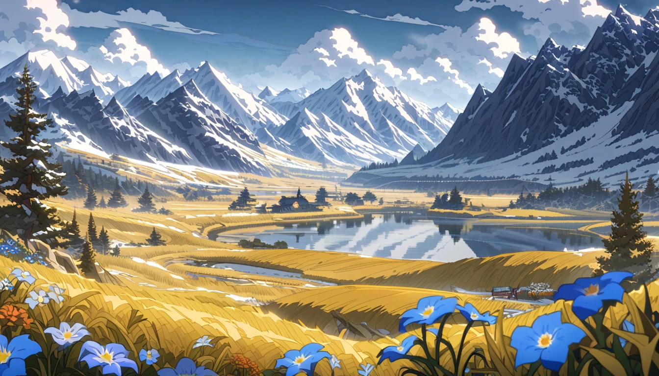 anime aestetics, thundra valley, yellow grass, blue mountain flowers, mountains on the backgrouns, little thundra trees, snow at some places, sku covered in bright grey clouds, northern landscape, fantasy landscape, 