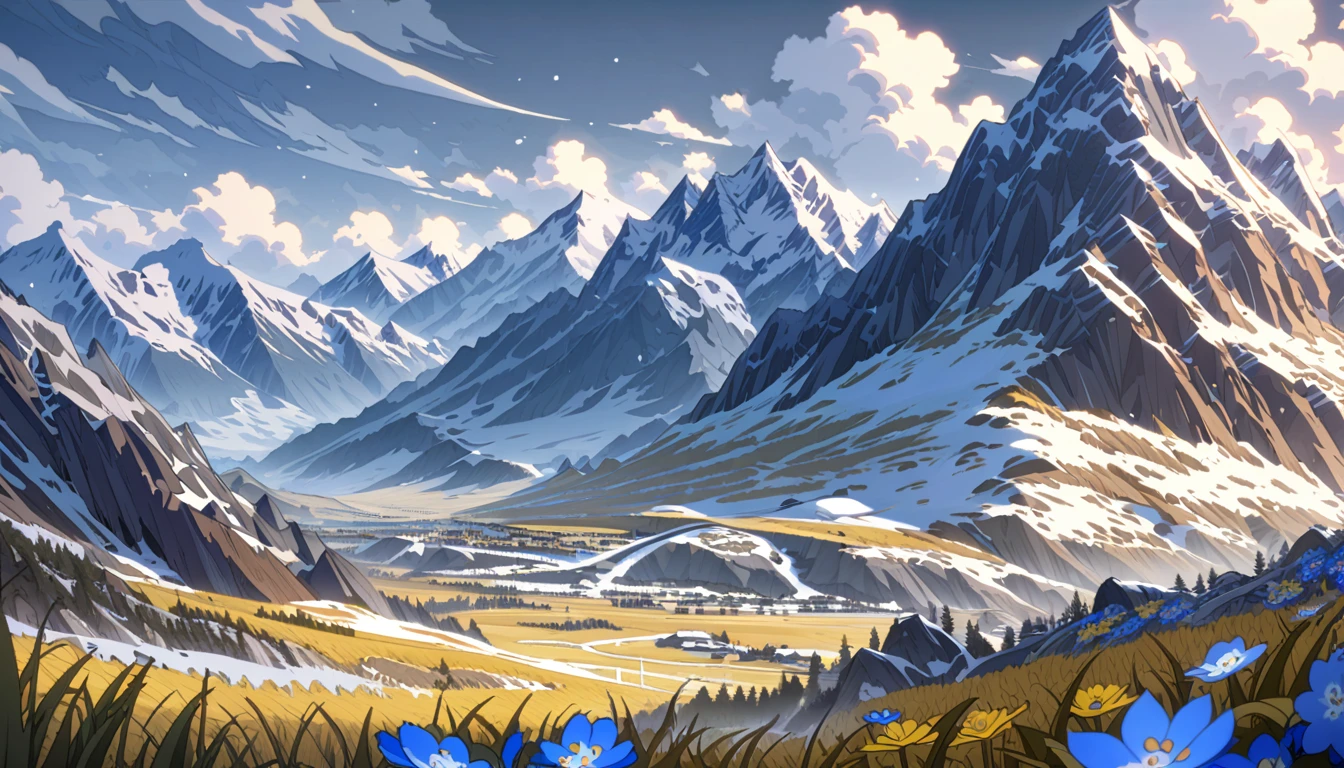 anime aestetics, thundra valley, yellow grass, blue mountain flowers, mountains on the backgrouns, little thundra trees, snow at some places, sku covered in bright grey clouds, northern landscape, fantasy landscape, 
