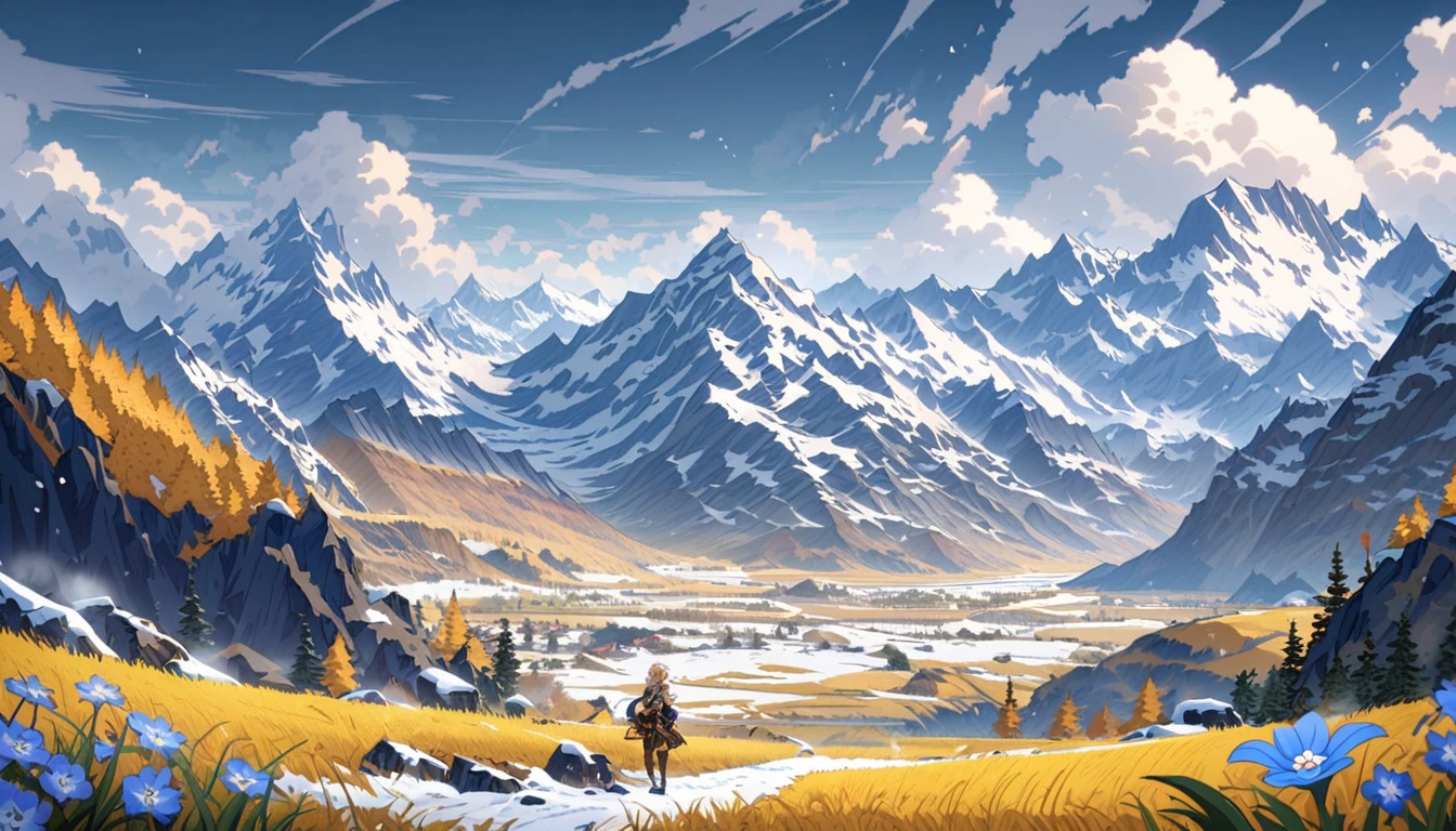 anime aestetics, thundra valley, yellow grass, blue mountain flowers, mountains on the backgrouns, little thundra trees, snow at some places, sku covered in bright grey clouds, northern landscape, fantasy landscape,