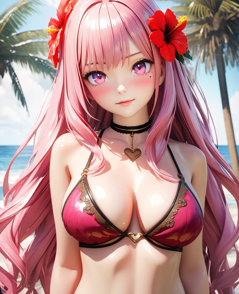 masterpiece,highest quality, Very detailed, High resolution, expensive resolution, High resolution, 4K, 8k, unity 8k wallpaper, Very detailed CG, masterpiece, 2D, 3D, Beautiful details, depth, Fine texture , highest quality: 1.3, Fully focused, Crunchy.skin, .he,
Very cute anime girl 、bikini、Big Breasts、Pink medium-long hair wearing expensive , One Girl、Palm tree、Seaside, Mole under the eye, looking at the viewer , expensive , blush, Mole, Lips parted, hibiscus hair accessory, heart, Pink Eyes, choker