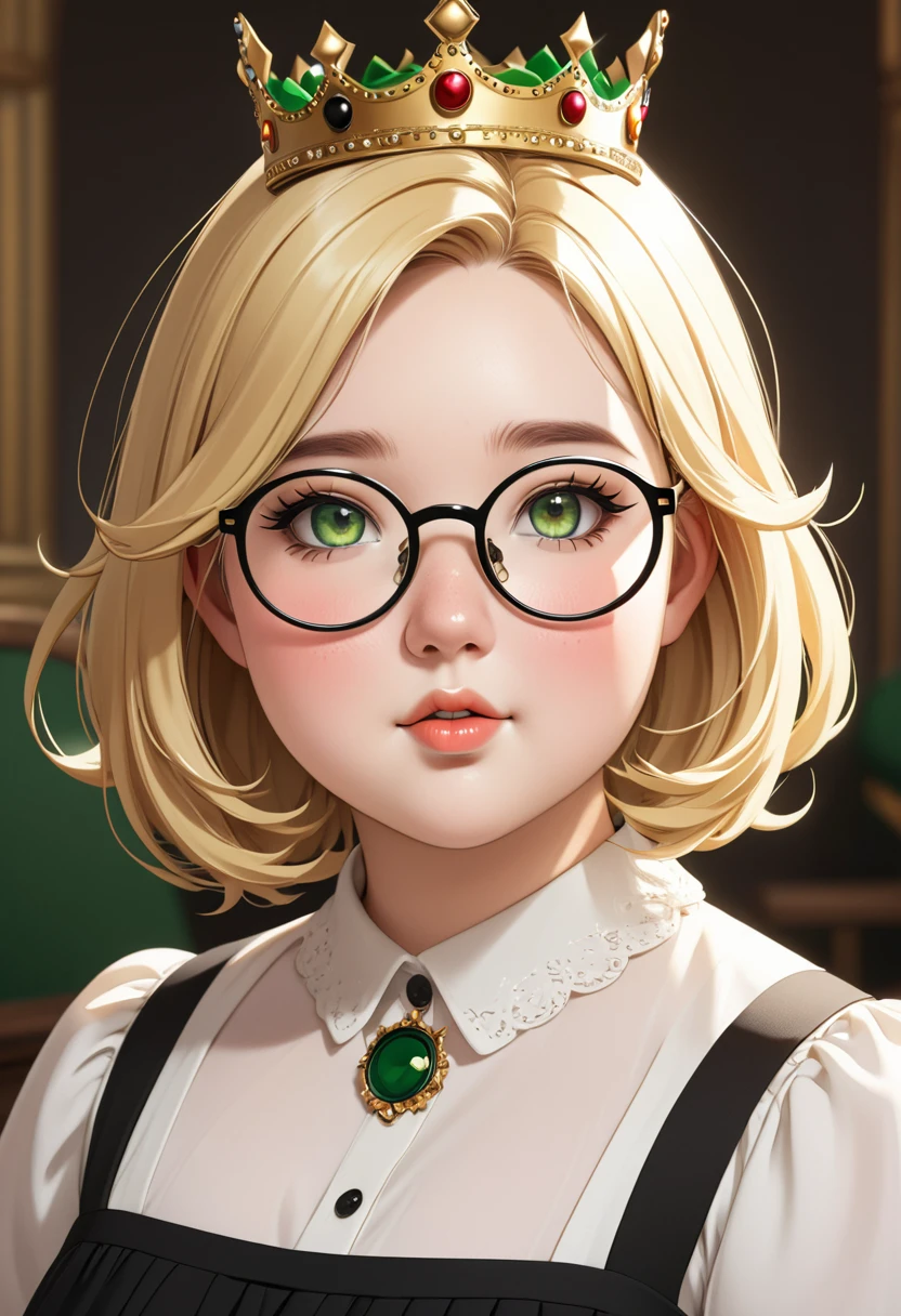 chubby girl, Blonde with green eyes, medium length hair, open forehead, round facial features, glasses with black square frames
Пышное платье, royal crown