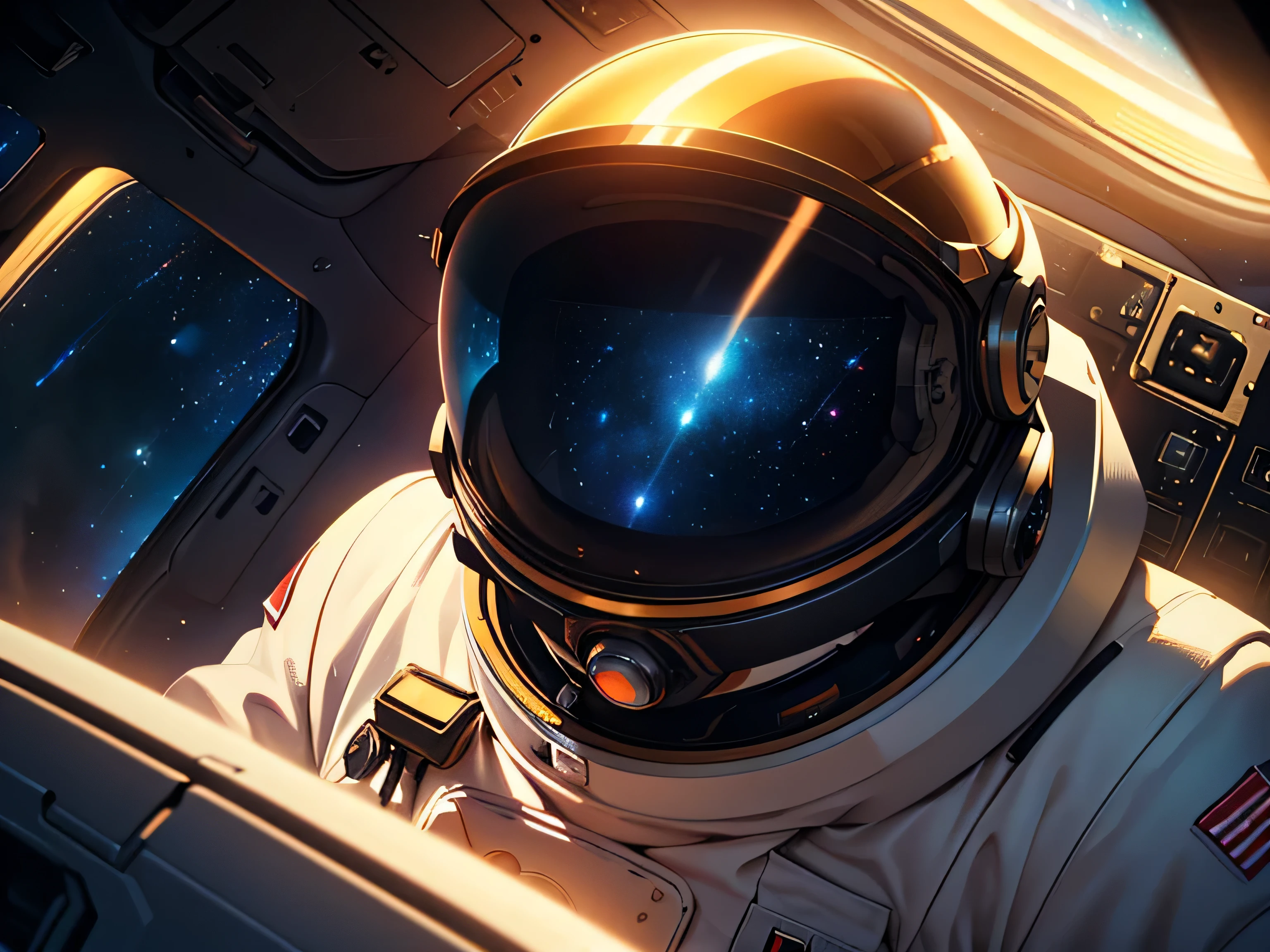 a lone astronaut floating in outer space, detailed space suit, glowing helmet, visor reflection of the vast cosmos, stars and galaxies in the background, sunlight streaming through the visor, cinematic lighting, highly detailed, photorealistic, 8k, (best quality, 4k, 8k, highres, masterpiece:1.2), ultra-detailed, (realistic, photorealistic, photo-realistic:1.37), cinematic composition, dramatic lighting, stunning space environment