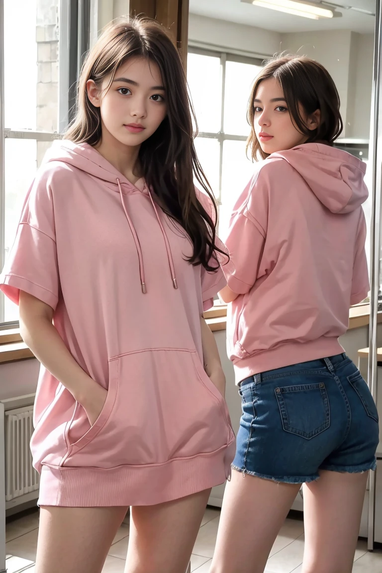 deux femmes ensemble de 18 ans sexy et mince , pink short sleeve hoodie , jambe visible , se touche,salle de classe,position sensuel