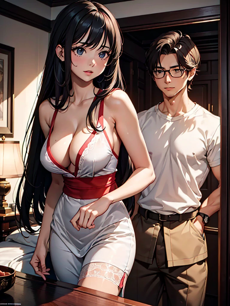 (Masterpiece, Best Picture, High Resolution, official art, incredibly fine illustration, extremely detailed CG), The film depicts a familiar call girl entering a room and having a casual conversation with a regular customer. The atmosphere is relaxed and friendly, as if they have met many times. The setting is a private room and the situation is kept professional. It contains subtle elements of humor, with the man and woman exchanging a few jokes and light banter, indicating a comfortable intimacy. They are aware of the partner with whom they are about to engage in sexual activity. nsfw, Beautiful breasts, Erotic Lips