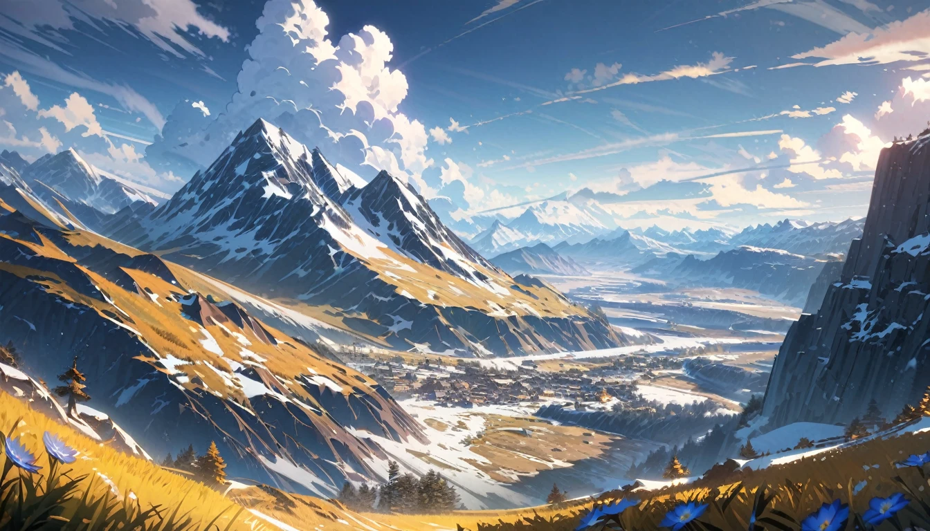  anime aestetics, thundra valley, yellow grass, blue mountain flowers, mountains on the backgrouns, little thundra trees, snow at some places, sku covered in bright grey clouds, northern landscape, fantasy landscape, wide shot, atmospheric perspective, perspective, highres, HD, 4K, best quality, award winning, high quality, super detail, accurate, masterpiece, UHD