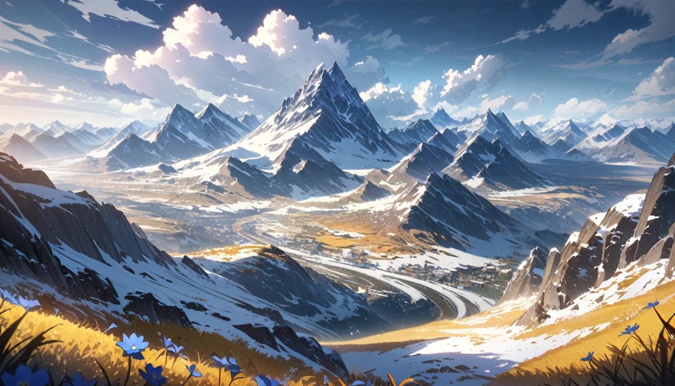  anime aestetics, thundra valley, yellow grass, blue mountain flowers, mountains on the backgrouns, little thundra trees, snow at some places, sku covered in bright grey clouds, northern landscape, fantasy landscape, wide shot, atmospheric perspective, perspective, highres, HD, 4K, best quality, award winning, high quality, super detail, accurate, masterpiece, UHD