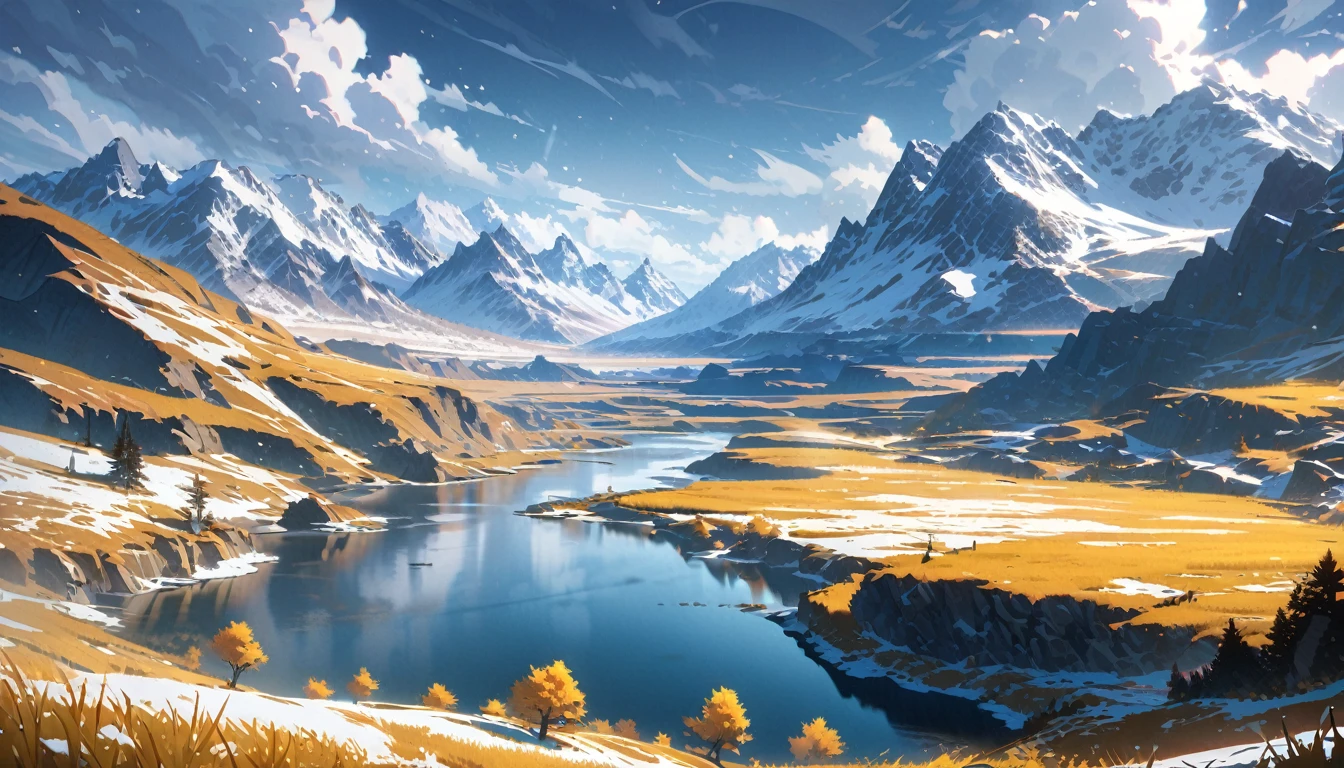  anime aestetics, thundra valley, yellow grass, blue mountain flowers, mountains on the backgrouns, little thundra trees, snow at some places, sku covered in bright grey clouds, northern landscape, fantasy landscape, wide shot, atmospheric perspective, perspective, highres, HD, 4K, best quality, award winning, high quality, super detail, accurate, masterpiece, UHD