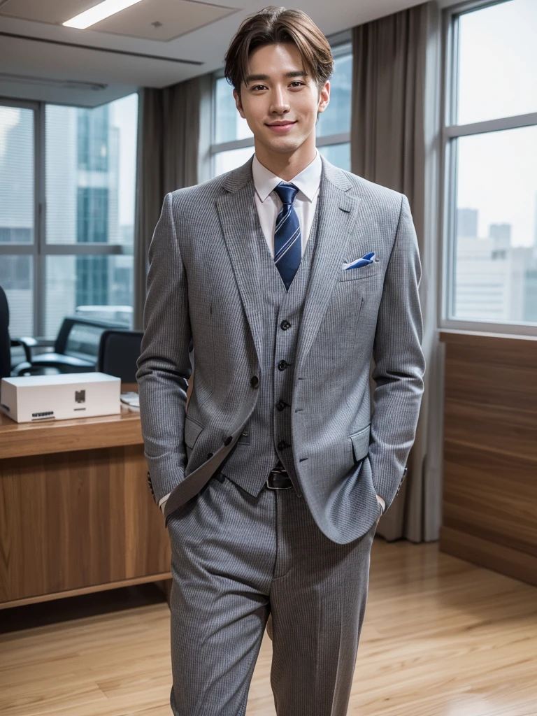 The 28-year-old refreshing and handsome employee has a smile on his face(real photos)(Natural light on face)、(Super handsome guy in S-class suit)、korean 28-year-old man、 merchant、suit、striped suit、Office floor-to-ceiling windows、 S class young handsome man standing in suit、(High-detail photos from CG Unity 8K)、(top quality)、Super detailed、(masterpiece)、 Ultra high quality、(masterpiece)、Ultra high quality、very beautiful hair、bright photos、As handsome as a model、As handsome as an idol、luxury watches. taking off one's top