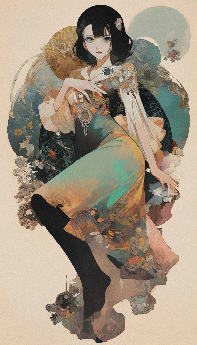 Create a potrait dramatic contemporary digital art from a collage mixed with elements of retro, surrealism, and vintage aesthetics, centering on a intricate details full body of beautiful woman with dramatic blank stare with a pose that is not stiff, details hand