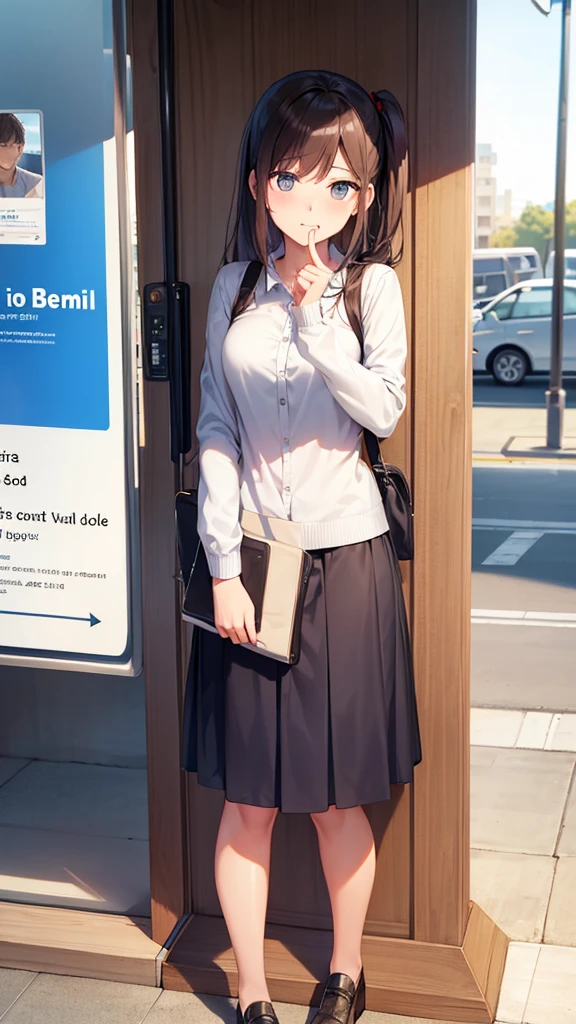 Beautiful girl meets a boy at the bus stop