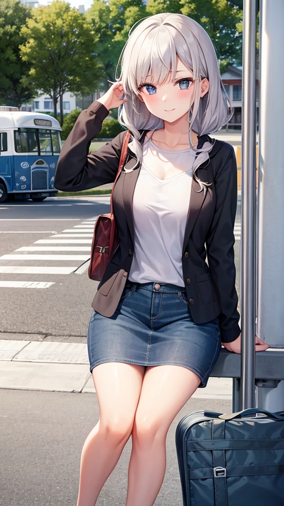 (A beautiful young Japanese woman), nsfw, Detailed Background, (((独奏))), ((Excellent anatomy: 1.2)), (Silver Hair, short hair), Big Tits, (dark skin:1.5), (green eyes), (Beautiful Eyes), (Slim glasses in the frame), (((Grey long sleeve jacket, Short sleeve white shirt, Employee ID card hanging around the neck, Grey pencil mini skirt, Black stiletto shoes))), (grin.3), Earrings, Standing in front of the station, Beautiful thighs
