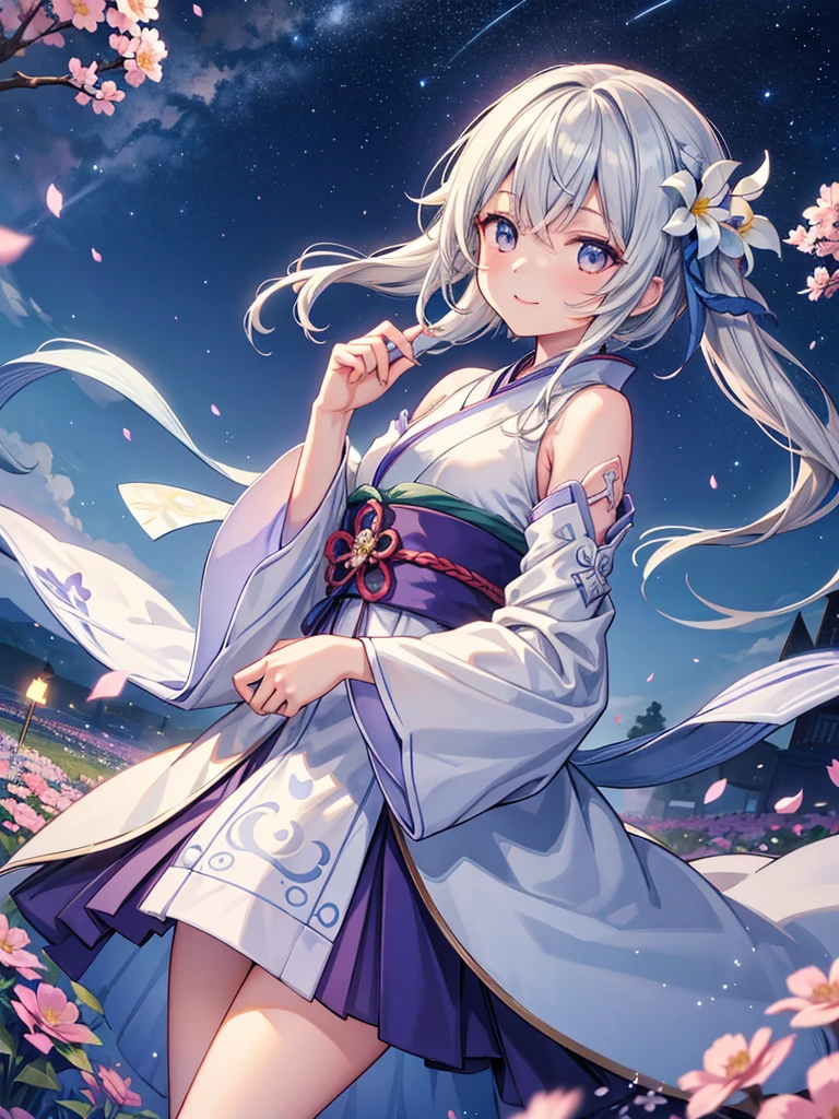 One girl, Kichu City _ ¥ (Genshin _ Impact ¥), LIGHT GREY Hair, short _ and _long _ lock, starry sky _ sky _ printing, independent _Sleeve, Length sleeve _ Past _ Fingers, Hanfu, illustrations are Matsuryu, Agahari, dsmile, a beautiful flower field of soft and shining blue and white glaze, a beautiful flower field, night view, gentle Smile, moonlight, glossy lips, vivid anime coloring, cell shading, smooth, soft and dreamy focus,