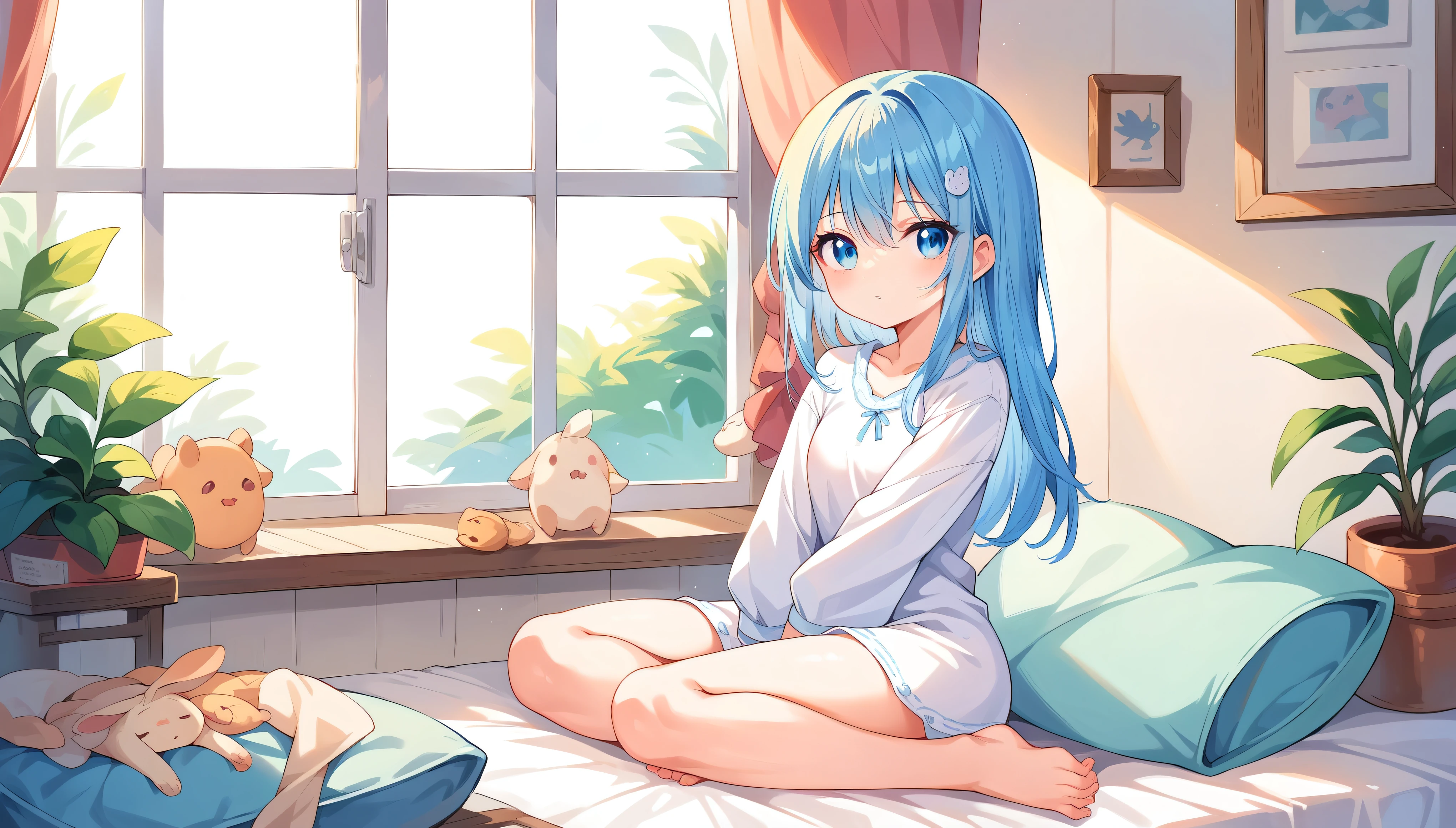 1 girl, Solitary, Sitting by the window,Wearing white suspender pajamas,Good figure,The girl's front is a,Only the side face of the girl can be seen,Very beautiful girl,It's raining outside the window at night