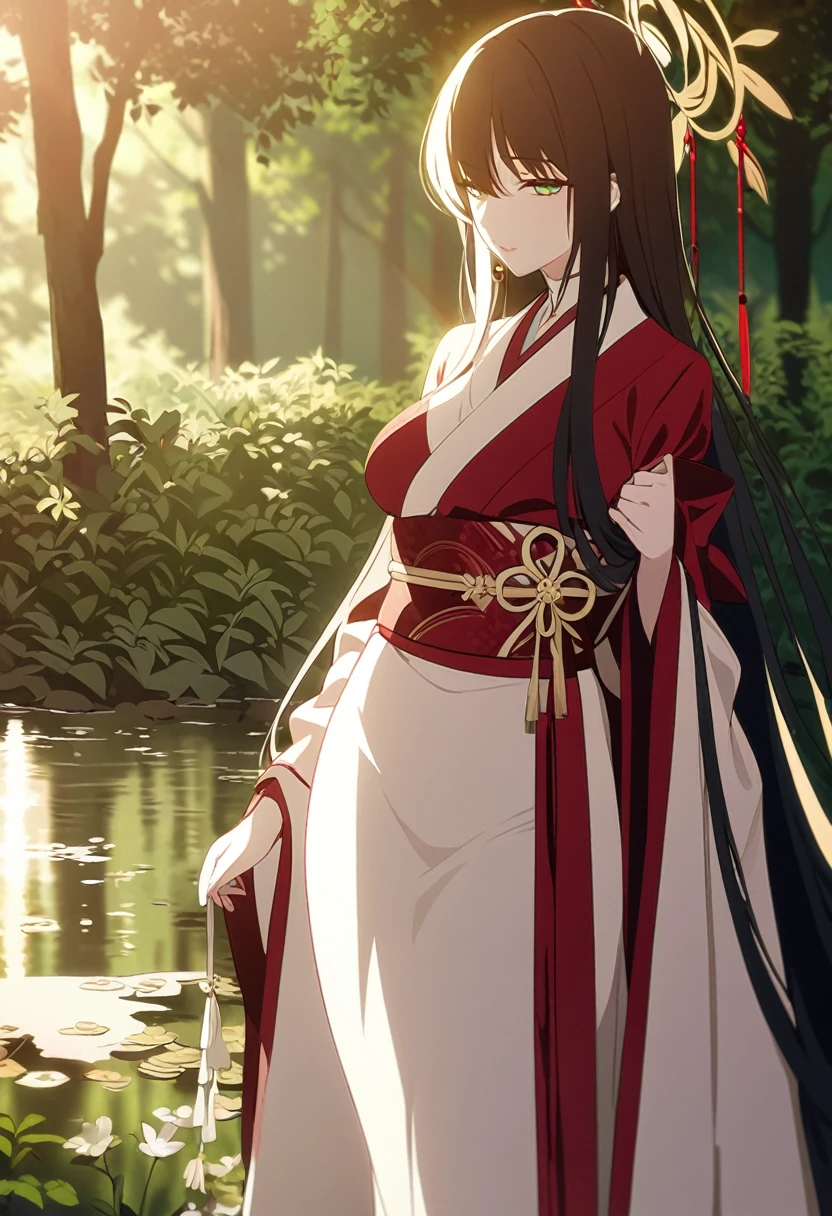 A stunningly beautiful anime girl, her long raven hair flowing freely around her delicate features. She has striking emerald green eyes that seem to glow with an inner light, accentuating her porcelain skin. Her  figure is accentuated by a form-fitting kimono, its intricate gold and crimson patterns draped elegantly across her voluptuous curves. The kimono is adorned with a sash tied neatly around her waist, from which dangles a long, flowing ribbon that billows in the breeze. Her lips are painted a deep shade of crimson, contrasting beautifully against her pale skin. The girl stands in a serene forest clearing, the sunlight filtering through the trees and casting a warm, golden glow over her ethereal form. She is surrounded by lush greenery and vibrant flowers that seem to grow more abundantly in her presence. In the distance, the gentle sound of a stream can be heard, creating a peaceful, serene atmosphere. The girl's expression is serene and calm, her emerald eyes focused on something beyond the viewer's perspective, as if lost in thought or deep contemplation.
