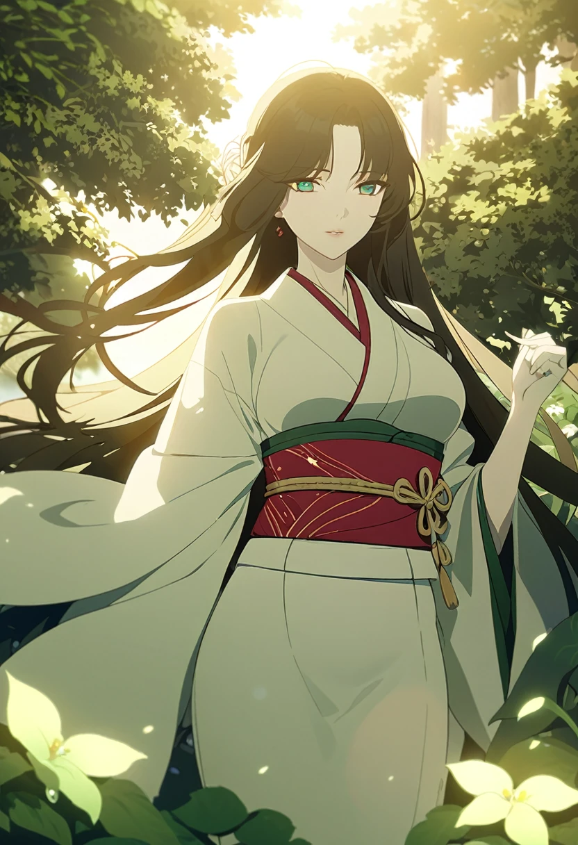 A stunningly beautiful anime girl, her long raven hair flowing freely around her delicate features. She has striking emerald green eyes that seem to glow with an inner light, accentuating her porcelain skin. Her figure is accentuated by a form-fitting kimono, its intricate gold and crimson patterns draped elegantly across her voluptuous curves. The kimono is adorned with a sash tied neatly around her waist, from which dangles a long, flowing ribbon that billows in the breeze. Her lips are painted a deep shade of crimson, contrasting beautifully against her pale skin. The girl stands in a serene forest clearing, the sunlight filtering through the trees and casting a warm, golden glow over her ethereal form. She is surrounded by lush greenery and vibrant flowers that seem to grow more abundantly in her presence. In the distance, the gentle sound of a stream can be heard, creating a peaceful, serene atmosphere. The girl's expression is serene and calm, her emerald eyes focused on something beyond the viewer's perspective, as if lost in thought or deep contemplation.