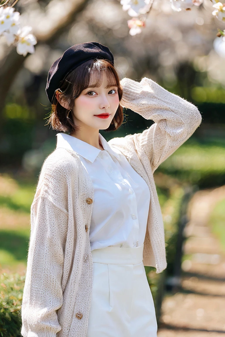 masterpiece, best quality, highres, hmkm1, short hair, white headwear, beret, red cardigan, white dress, frills, ribbon, long sleeves, open clothes, medium breasts, cowboy shot, standing, cherry blossoms,full body, outdoors