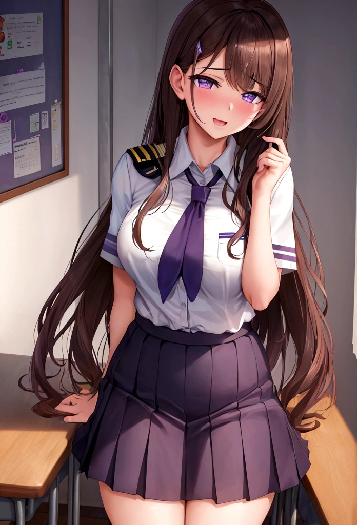 -yeld gi uniform, missionary sex in classroom, creampie, brown hair, purple eyes, orgasm face