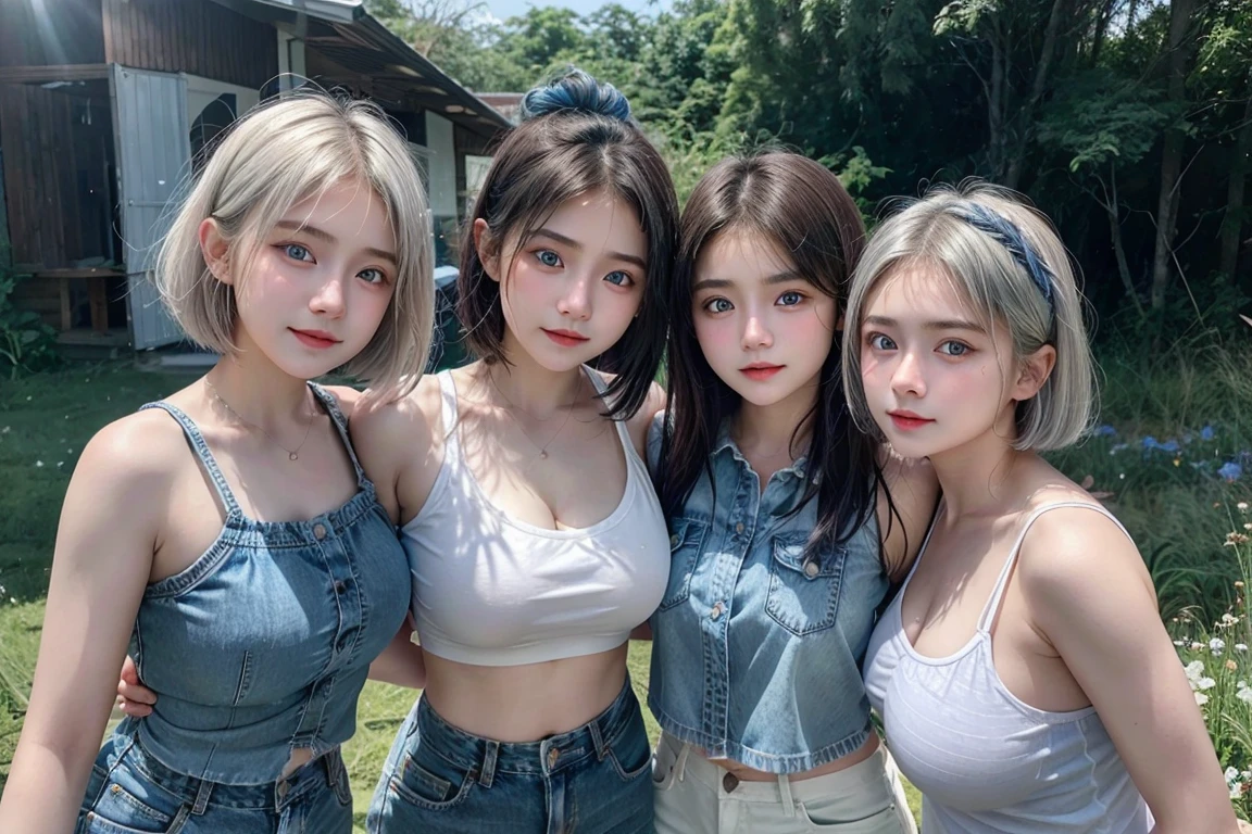 (4 Girls), Indonesian baby face, 20 years old,short hair, white skin, big breast, blue eyes, meadow, silver hair, 8k, The details are very realistic..., There is a lot of light..., The best of taking photos wearing jeans... (3 girls)