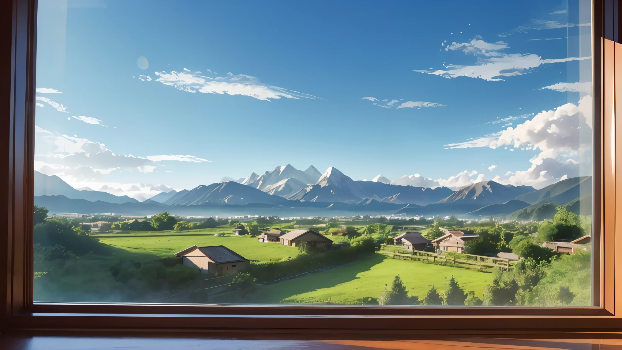 landscape, View from the window, Anime Style, countryside, Mountains and clouds are visible in the background.