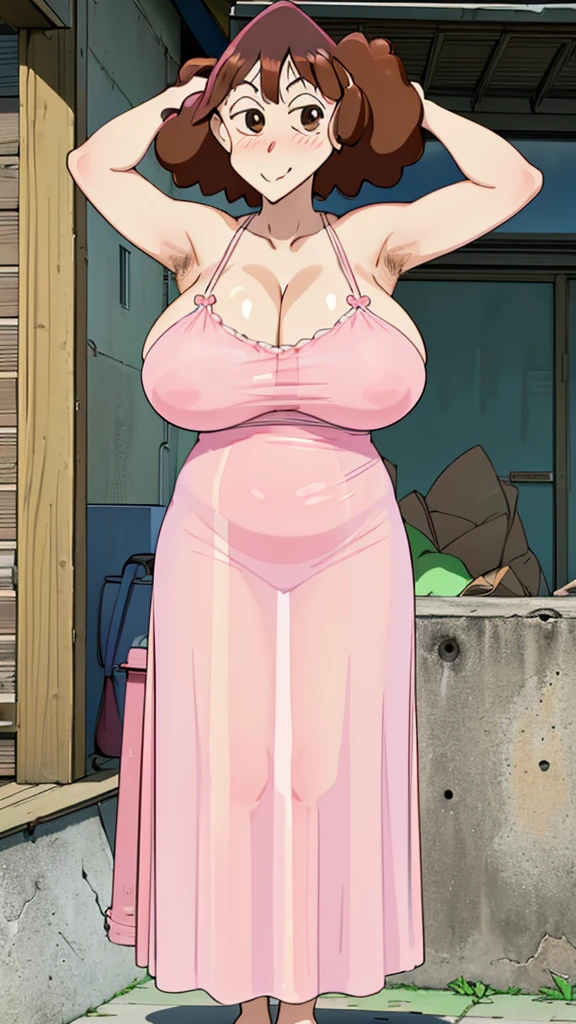 Misae Nohara, (Auntie:1.5), (Mature Woman:1.5), (absurderes, 8K, 4K, masutepiece, hyper extreme detailed:1.2), Best Quality, Perfect Anatomy,Perfect face,High humidity, (Huge breasts:1.7), (A sheer pink nightgown:1.4), (Wet:1.2), (.Alley:1.3), Graffitied wall, Garbage can, Scattered trash, (alone:1.5), (Brown eyes:1.2), (Clothing is revealing:1.2), Exposed shoulders, Torn clothes, Are pregnant, Firm breasts, Upturned nipples, Showing cleavage, Mole on chest, (Thick armpit hair:1.4), (blush:1.2), A kind smile, relief, peace of mind, (maternal:1.3), (Gentle look:1.5), Smiling face, (Outdoor:1.5), (Out:1.3), half closed eyes, naughty face