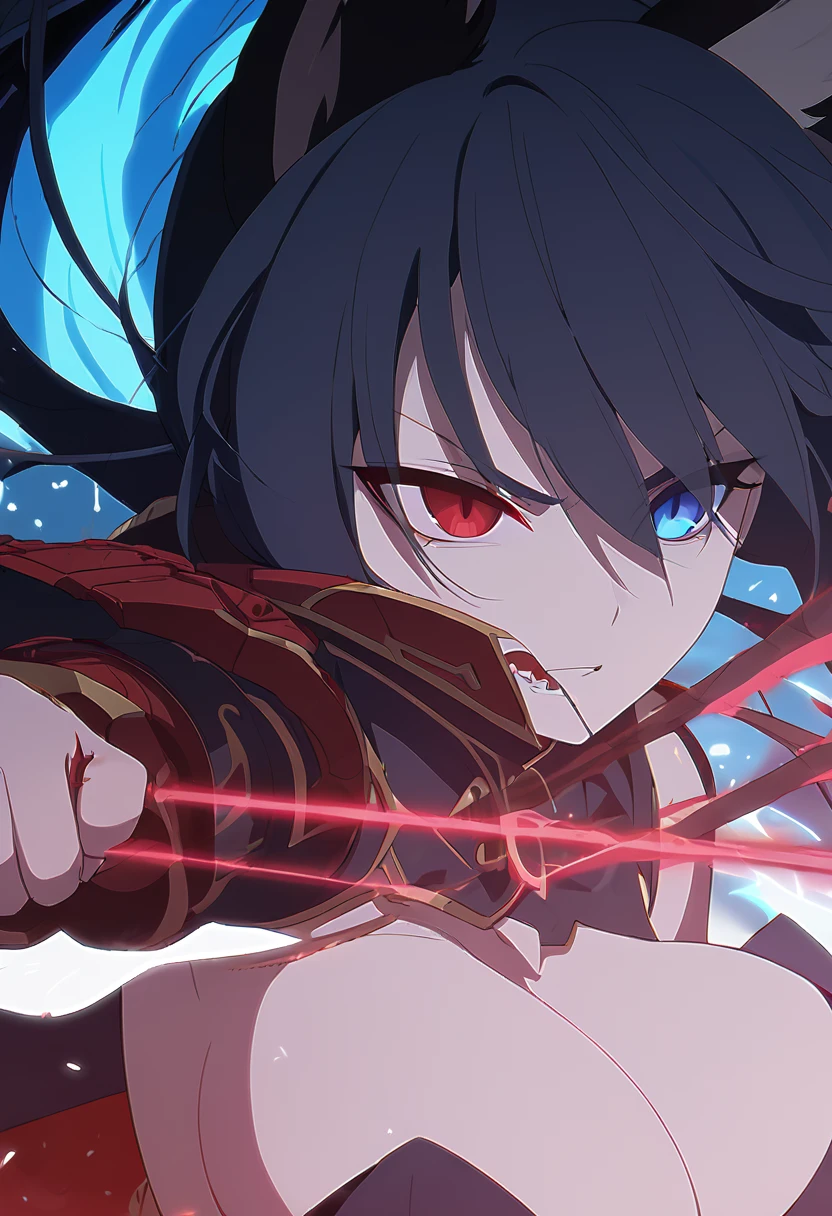 a beautiful blue and black kitsune, big breasts, long blue and black hair, slim waist, detailed portrait, intricate details, dramatic lighting, mystical, elegant, sensual, long white tail, heterochromia (one blue eye, one red eye), holding a bow, attacking pose, Alpha crimson wave, blue fire would come out of his eye, cuerpo completo, small red and blue energy particles