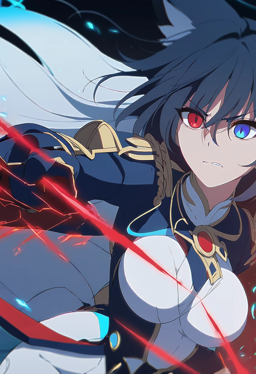 a beautiful blue and black kitsune, big breasts, long blue and black hair, slim waist, detailed portrait, intricate details, dramatic lighting, mystical, elegant, sensual, long white tail, heterochromia (one blue eye, one red eye), holding a bow, attacking pose, Alpha crimson wave, blue fire would come out of his eye, cuerpo completo, small red and blue energy particles