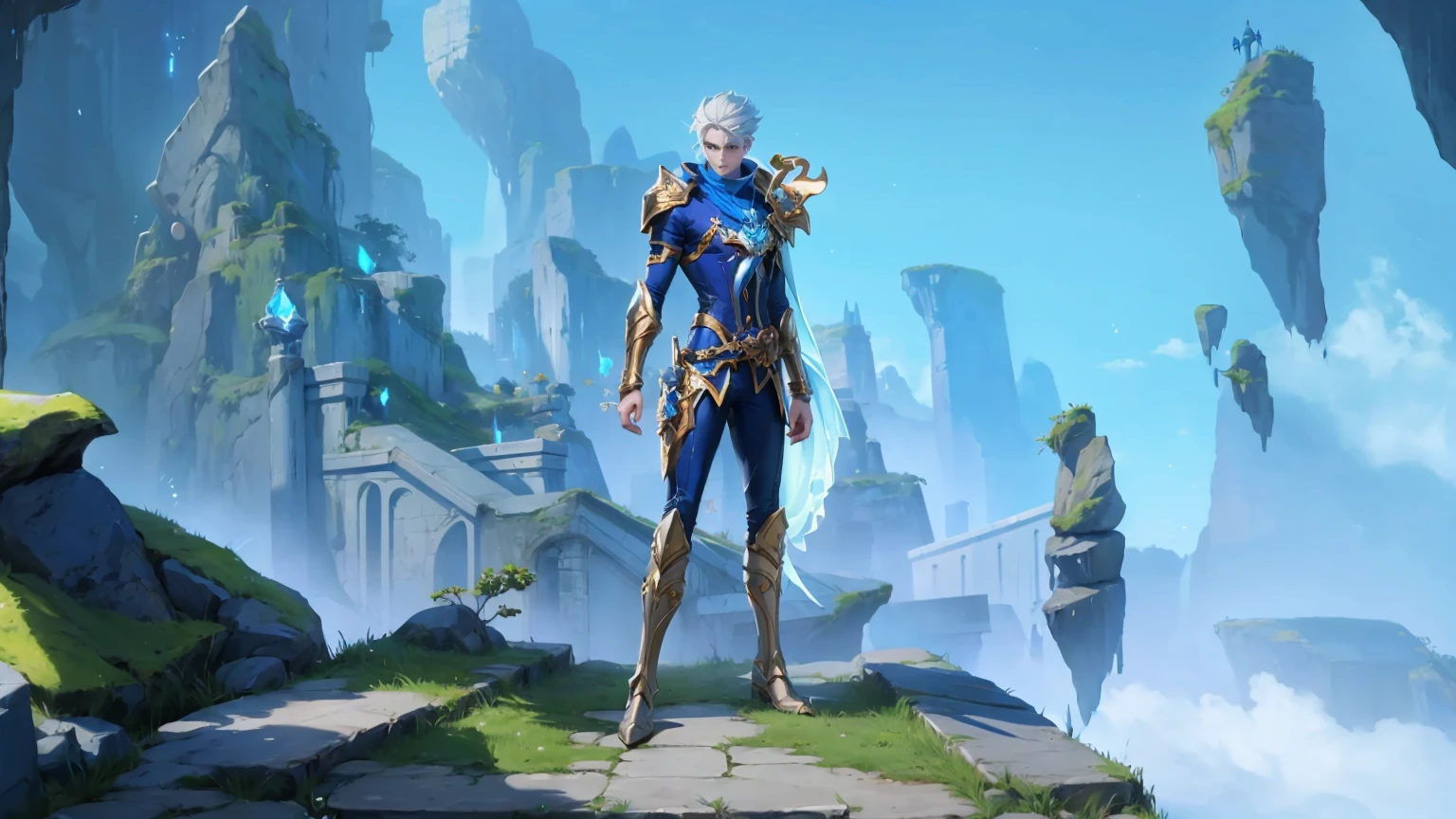 arafed image of a man in a blue outfit standing on a platform, 8k hd wallpaperjpeg artifact, 8 k hd wallpaperjpeg artifact, style of duelyst, tane skin, freezing blue skin, official splash art, character splash art, wallpaper splash art promo art, painted in the style arcane, hero character art, wow 4 k detail fantasy, hyperdetailed fantasy character, 4K details fantasy, realistic