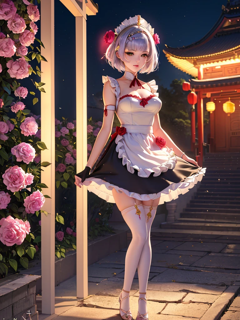 (masterpiece, best quality, ultra-detailed, best shadow), (detailed background,lantern, temple, shrine), (beautiful detailed face), high contrast, (best illumination, an extremely delicate and beautiful), ((cinematic light)), colorful, hyper detail, dramatic light, intricate details, (a picture of an anime girl with flowers on it, wearing a dress, noelle (genshin impact), yellow eyes, 1girl, looking at viewer, medium breasts, chinese style, hair ornament, hair flower, short hair, solo, mais dress, maid headdress, roses on focus, seat, lanterns, lanterns rite, shrine, temple, sanctuary, braided bangs, silver hair, night, noelle_\(genshin_impact), short_hair medium_breasts rose red_flowerhair_flower,Noelle (Genshin Impact), silver hair, green eyes, short hair, maid outfit, apron, headband, thigh band pantyhose, heels, roses, two arms, two hands, two legs, five fingers only in each one hand