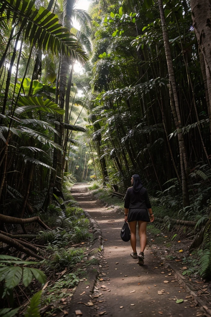 Menek tua berwajah keriput berjalan menggendong cucunya, melewati jalan sempit di tengah hutan lebat. Pemandangan alam khas Indonesia. Detil dan alami. Efek lukisan yang realistis
