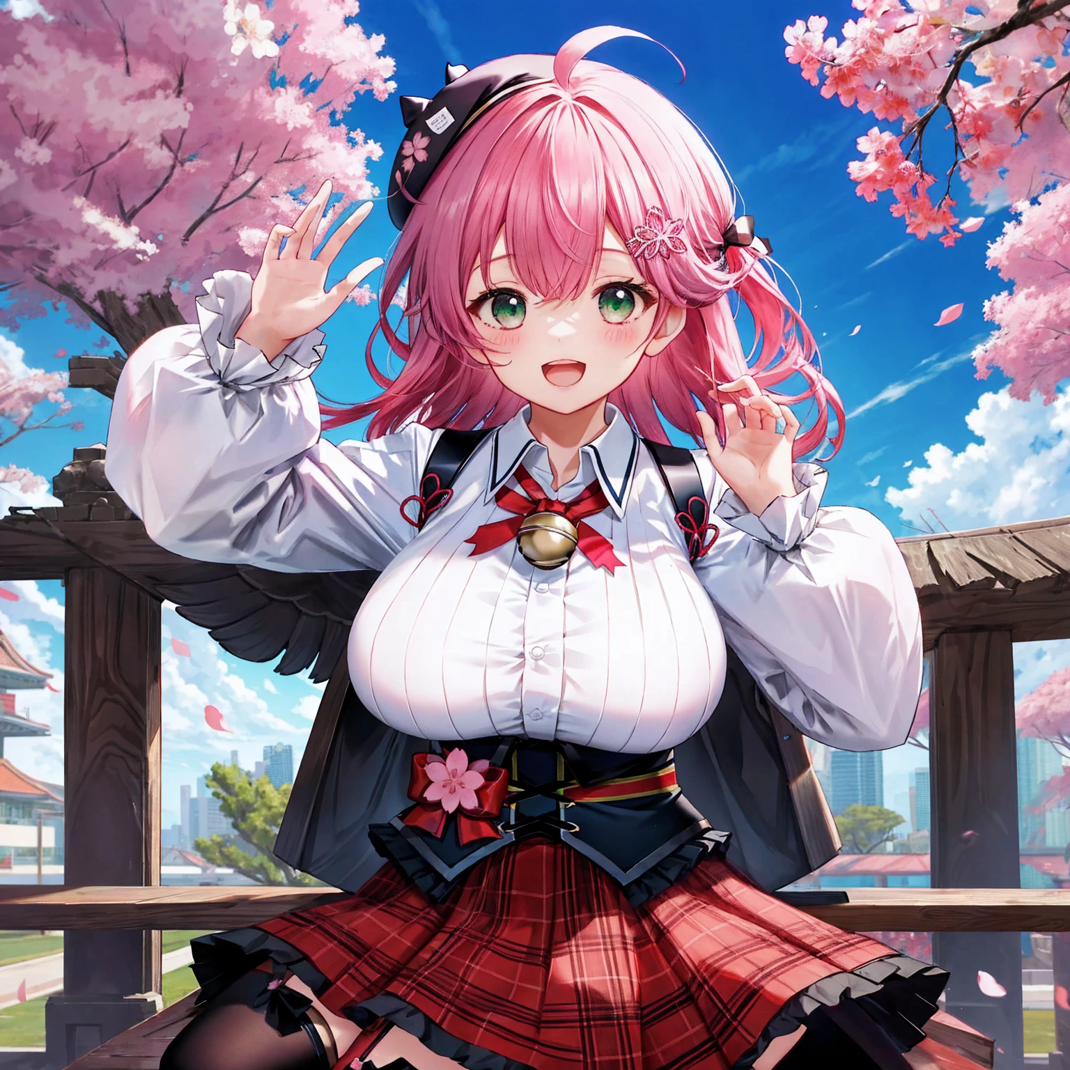 masutepiece, Best_Quality, hight_resolution, miko2,Ponytail, 1girl, Ahoge, black headwear, Hair Ornament, White shirt, black thighhighs, Pink hair, Red_skirt, very_short_skirt, plaid skirts, garter_strap, Collared shirt, hair clips, frilld, Bangs, hair between eye, frills skirt, beret, Pleated skirt, Hair Flower, Neck bell, , puffy long sleeves, Black bow, Underbust, Cowboy Shot,Smile, (gigantic_breasts:1.3),covered_nipples, covered_pussy,green_eyes, happy, childlike_posing,spread_legs,(big_smile:1.2),plump,open_mouth,shout,half_eyes,cherryblossom_park_background,