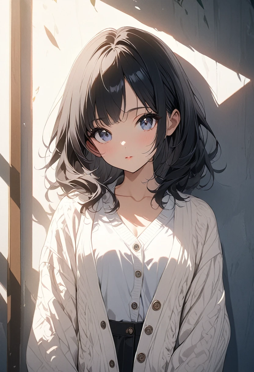 masterpiece, Highest quality, Ultra-high resolution (Reality: 1.4), Original photo, 35mm lens, Aperture f1.4, Movie Posters, Light and shadow, girl, White cardigan, Long black hair, Real Skin, (Skin Details: 1.3),