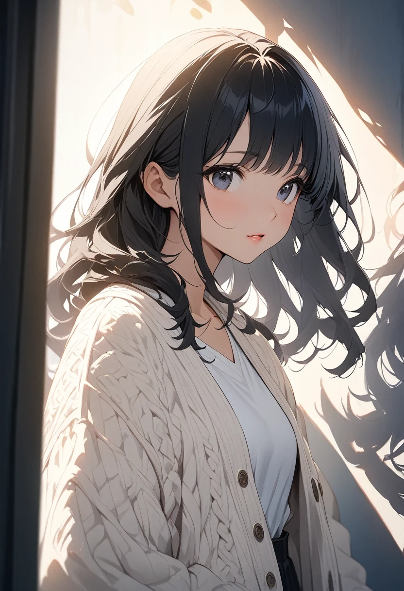 masterpiece, Highest quality, Ultra-high resolution (Reality: 1.4), Original photo, 35mm lens, Aperture f1.4, Movie Posters, Light and shadow, girl, White cardigan, Long black hair, Real Skin, (Skin Details: 1.3),