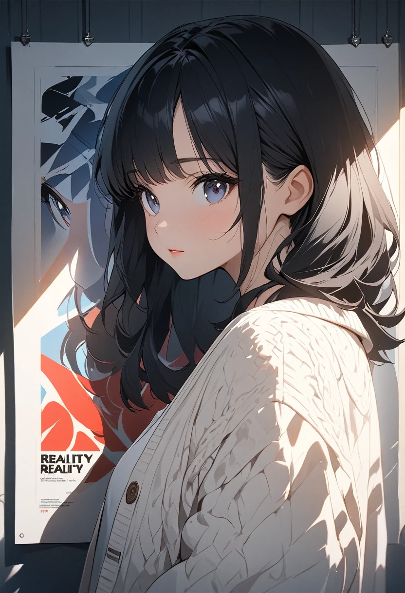 masterpiece, Highest quality, Ultra-high resolution (Reality: 1.4), Original photo, 35mm lens, Aperture f1.4, Movie Posters, Light and shadow, girl, White cardigan, Long black hair, Real Skin, (Skin Details: 1.3),