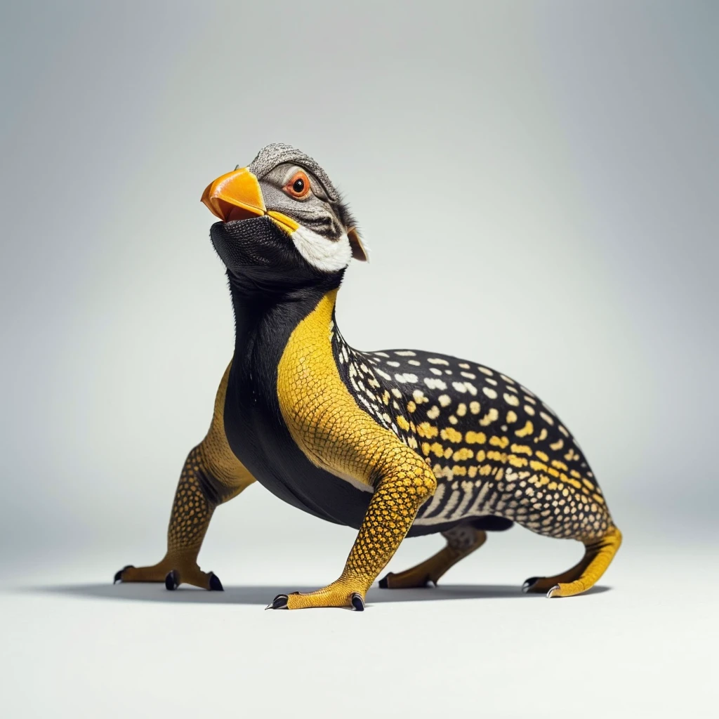 Animaly, white and yellows colour skins, has scales, his body is shaped like a Tapirs but his face is like a Chameleon and Puffin, silver colour skins, Grassroots background, (white background simpleks)
