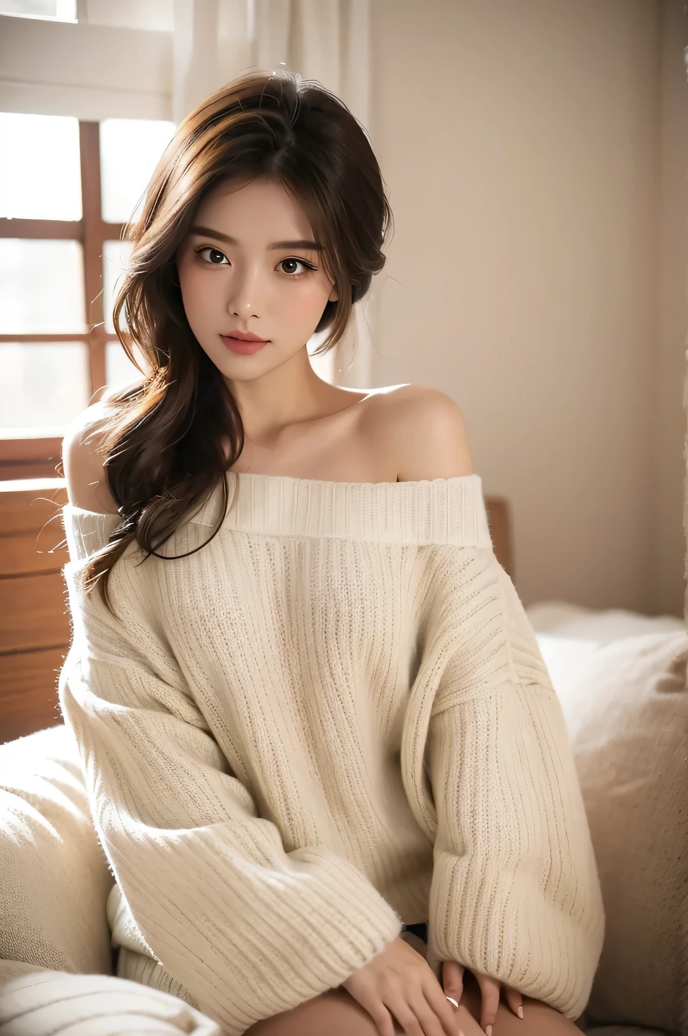 ((best quality)), ((masterpiece)), (detailed), 1 woman, off shoulder sweater,