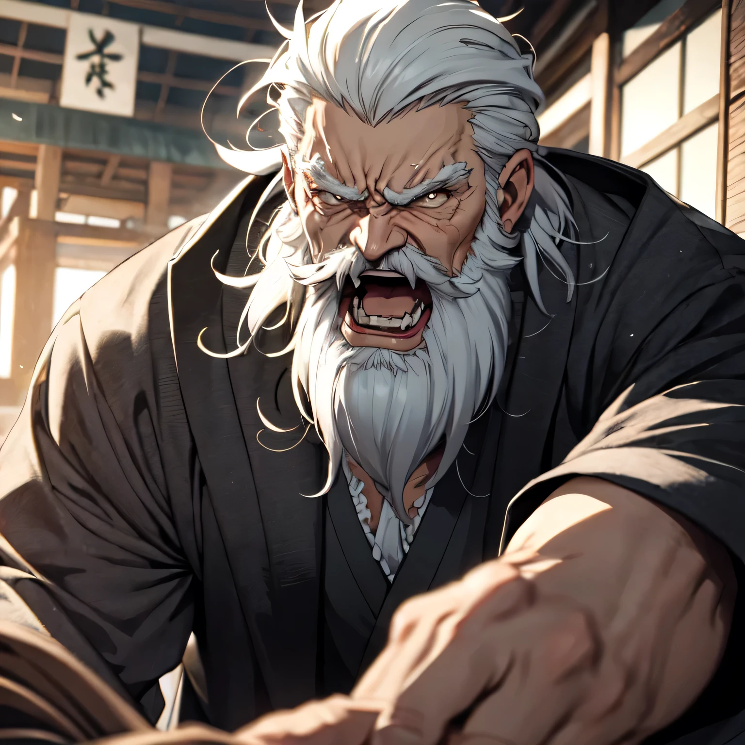 absurdres, best quality, close up view, Japanese old vagabond, white beard, white hair, rage, very angry, war, fighting stance, battle