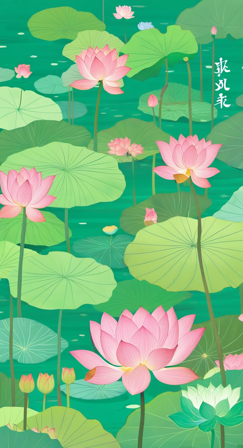 The poster is mainly pink,In the quiet wonderland,The breeze blows the green lotus leaves, The lotus is like a beautiful woman's smile,Glittering in the morning dew。The ancient pavilion is hidden among the hazy smoke and lush trees.,Like a beautiful woman wearing a light veil,Shy and waiting to bloom。The blue waves gently embrace the beautiful figure of Caiting,Bridge corridor,Like a poet humming, The drizzle falls on this quiet lake,Ripples,Like notes jumping on strings,Play a natural。Birds flying over the water,Leaving behind distant songs,All things grow in this peaceful and tranquil place,Only time flows slowly in silence,Freeze this moment of tranquility forever。 In this dream world,The fragrance of flowers,Heart changes with the scene,Every detail weaves a silent love song, Enjoy the lotus flowers and brew tea,Listen to the wind and talk about the past,Let the tranquility of paradise penetrate your heart,In this world outside the clock,Posthumous,With poetry。4k,Ultra HD