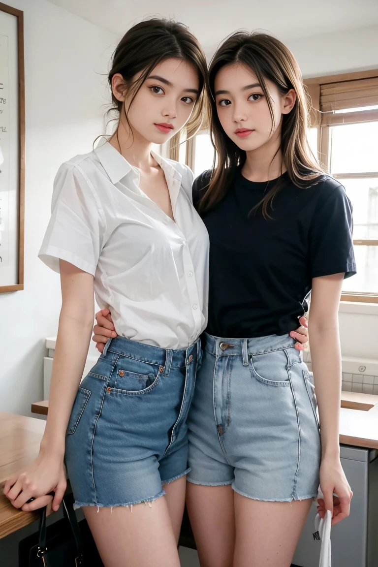 deux femmes ensemble de 18 ans sexy et mince , white short sleeve checkered shirt , jambe visible , se touche,salle de classe,position sensuel,short en jean