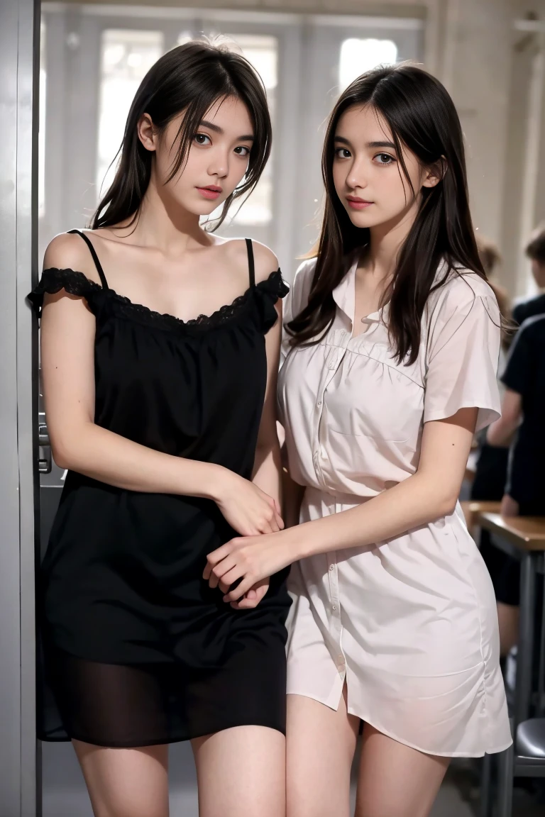 deux femmes ensemble de 18 ans sexy et mince , black short sleeve nightdress , jambe visible , se touche,salle de classe